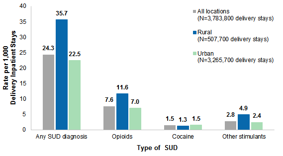 Figure 1 is a bar chart that illustrates the rate per 1,000 delivery inpatient stays by type of SUD diagnosis for patients who reside in rural and urban counties in 2016. Data are provided in Supplemental Table 1.