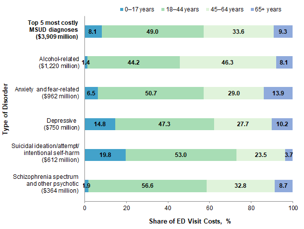 Figure 2 is a horizontal bar chart that illustrates the distribution of emergency department visit costs by age group for the five most expensive mental and substance use disorder diagnoses in 2017. Data are provided in Supplemental Table 2.