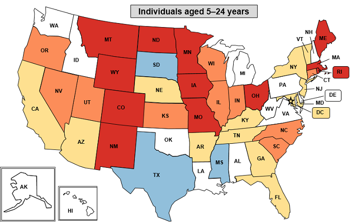 Figure 3 consists of three maps of the United States showing the rate of suicidal ideation or suicide attempt by State. The first map displays rates for individuals aged 5-24 years. Data are provided in Supplemental Table 3.