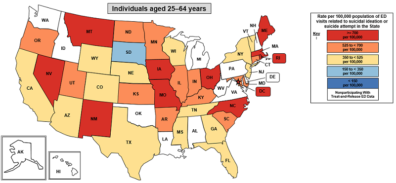 Figure 3 consists of three maps of the United States showing the rate of suicidal ideation or suicide attempt by State. The second map displays rates for individuals aged 25-64 years. Data are provided in Supplemental Table 3.