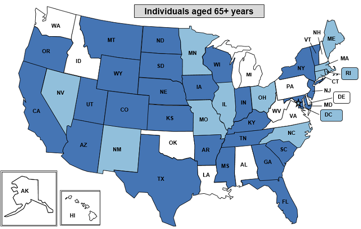 Figure 3 consists of three maps of the United States showing the rate of suicidal ideation or suicide attempt by State. The third map displays rates for individuals aged 65+ years. Data are provided in Supplemental Table 3.