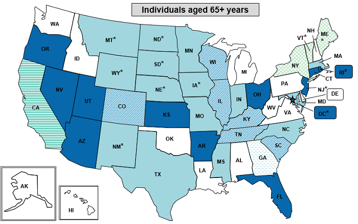 Figure 4 consists of three maps of the United States showing areas within each State with the highest population rate of ED visits related to suicidal ideation or suicide attempt. The third map is based on rates for individuals aged 65+ years. Data are provided in Supplemental Table 4.