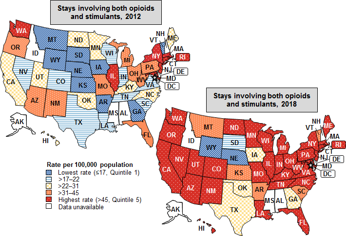 Figure 5 is color coded maps that illustrate the State-specific rates of adult inpatient stays involving both opioids and stimulants in 2012 and 2018.