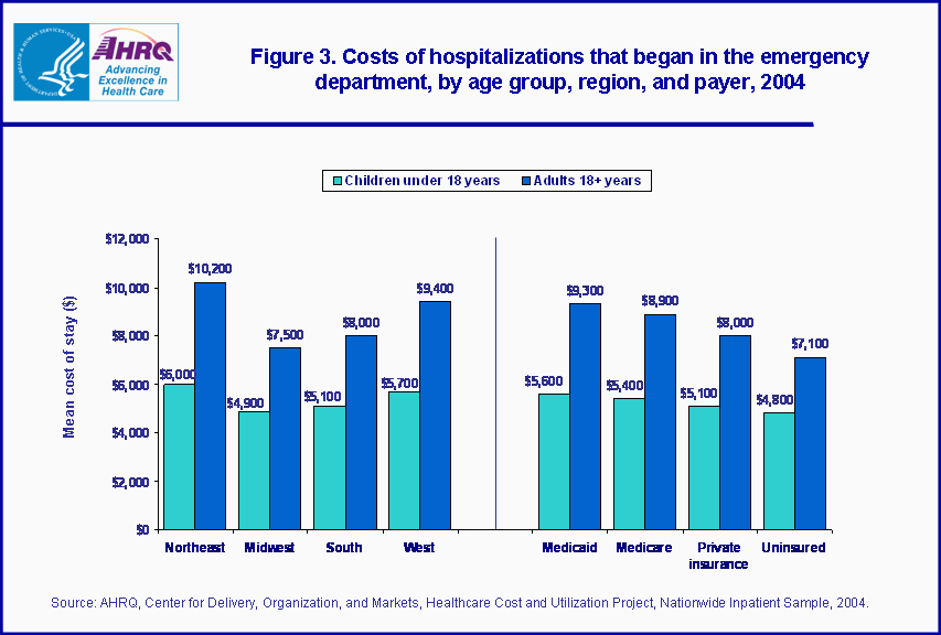 Figure 3. Bar chart showing costs of hospitalizations that began in the emergency department, by age group, region, and payer, 2004