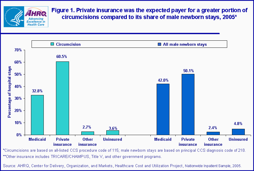 Figure 1. Private Insurance was the expected payer for a greater portion of circumcisions compared to its share of male newborn stays, 2005